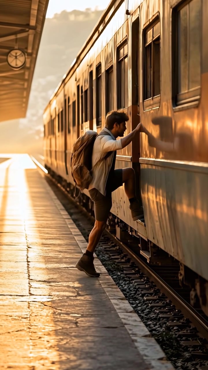 Une personne portant un sac à dos se déplace le long du quai à côté du train, puis s'avance vers l'entrée ouverte du wagon, tandis que de longues ombres, la lumière chaude du soleil et l'environnement ferroviaire créent une composition axée sur le voyage.
