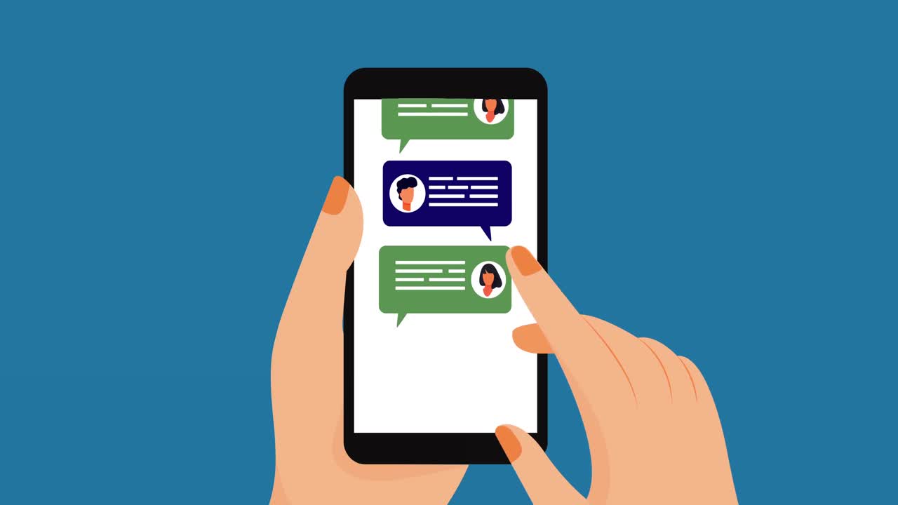 animación de una persona que usa una red social de teléfono inteligente en azul
