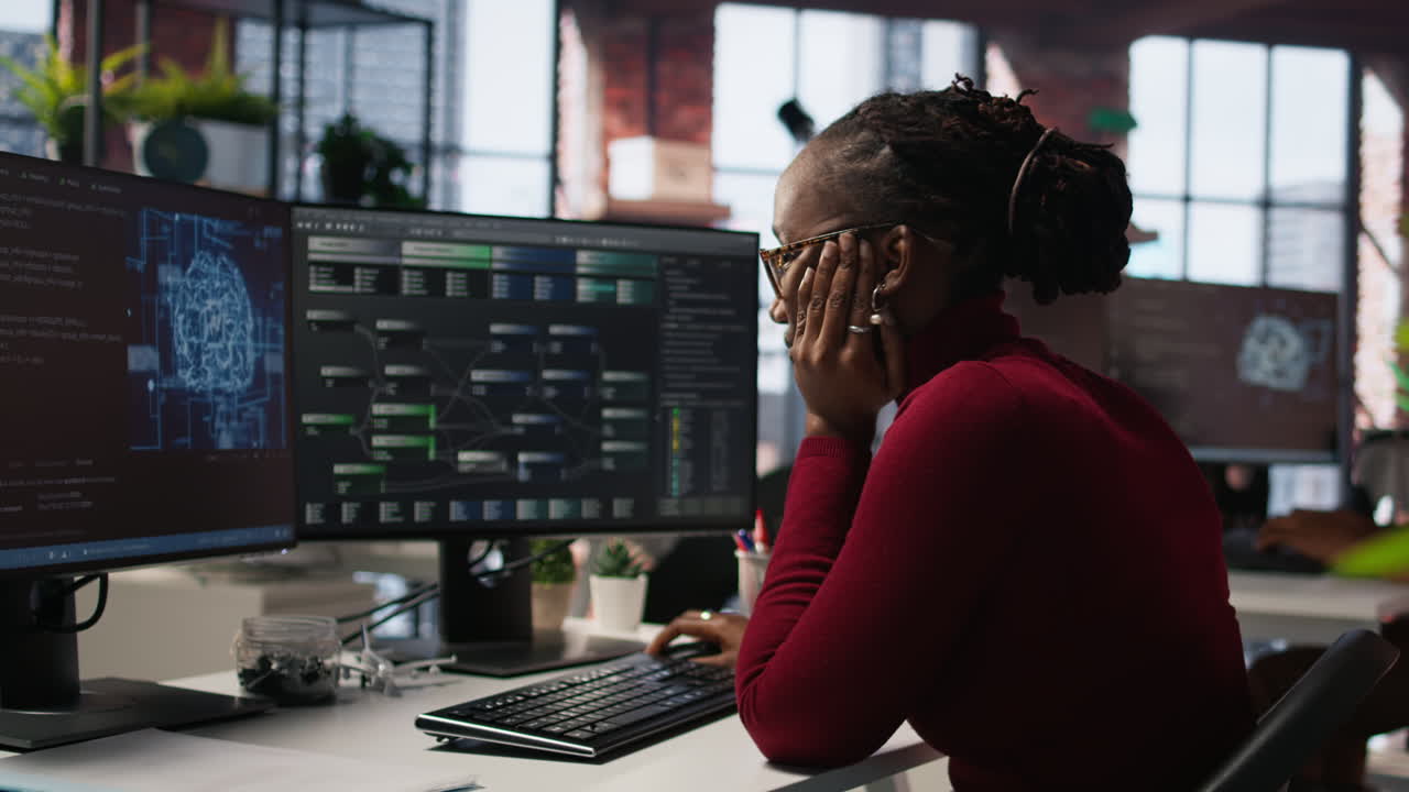 Tired overworked admin in AI startup office getting help from senior manger