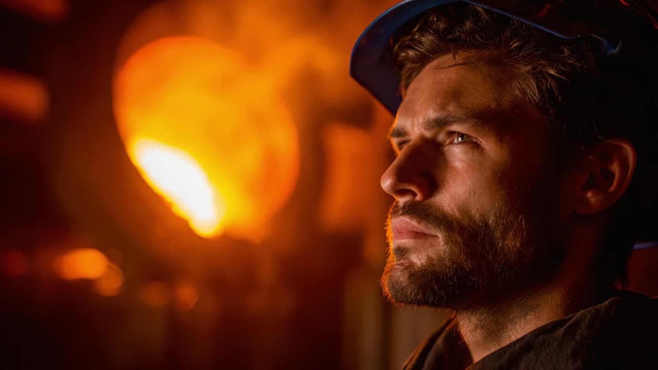 A determined metalworker gazes thoughtfully towards the glowing furnace, embodying the spirit of craftsmanship and resilience. The warm illumination highlights his features, reflecting the intensity of his work environment