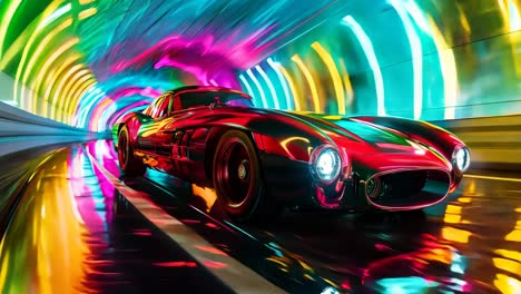 a red car driving through a tunnel with colorful lights