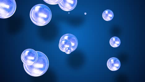 amasing abstract background of metaballs as if drops of glass or spheres filled with blue sparkles merge together and scatter, cyclically in 4k. looped seamless flowing animation with glisten bubbles.