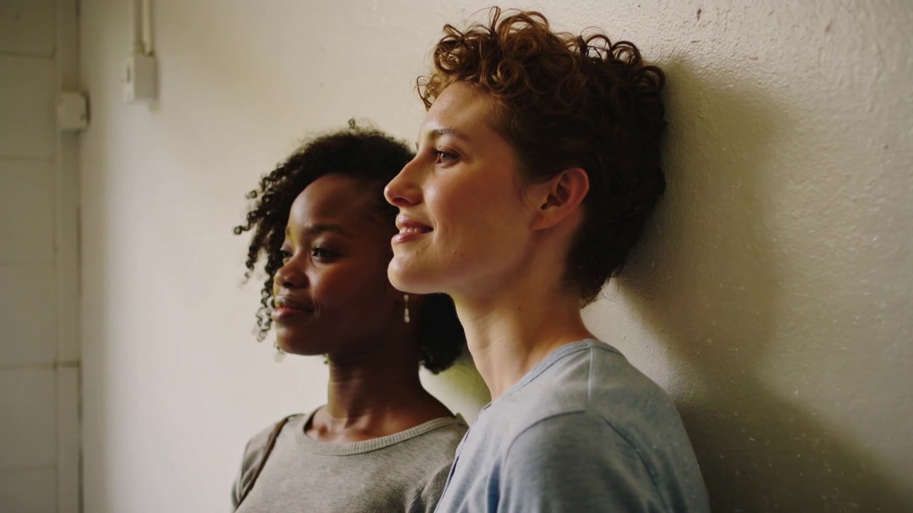 Leaning together, two women against textured painted wall, seeing sparkles then dodging warm light