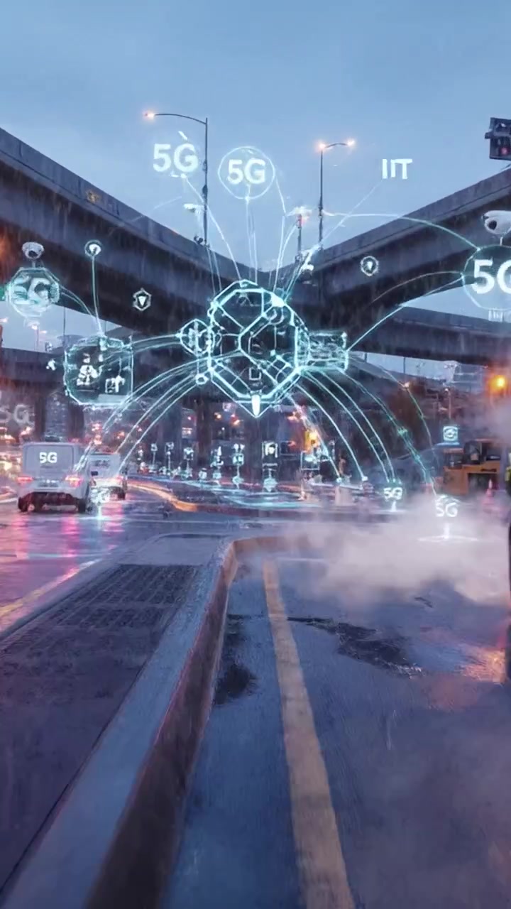 Una scena urbana intrisa di pioggia che mostra strade illuminate, traffico intenso e cavalcavia complessi, evidenziando l'atmosfera dinamica di una città al crepuscolo.