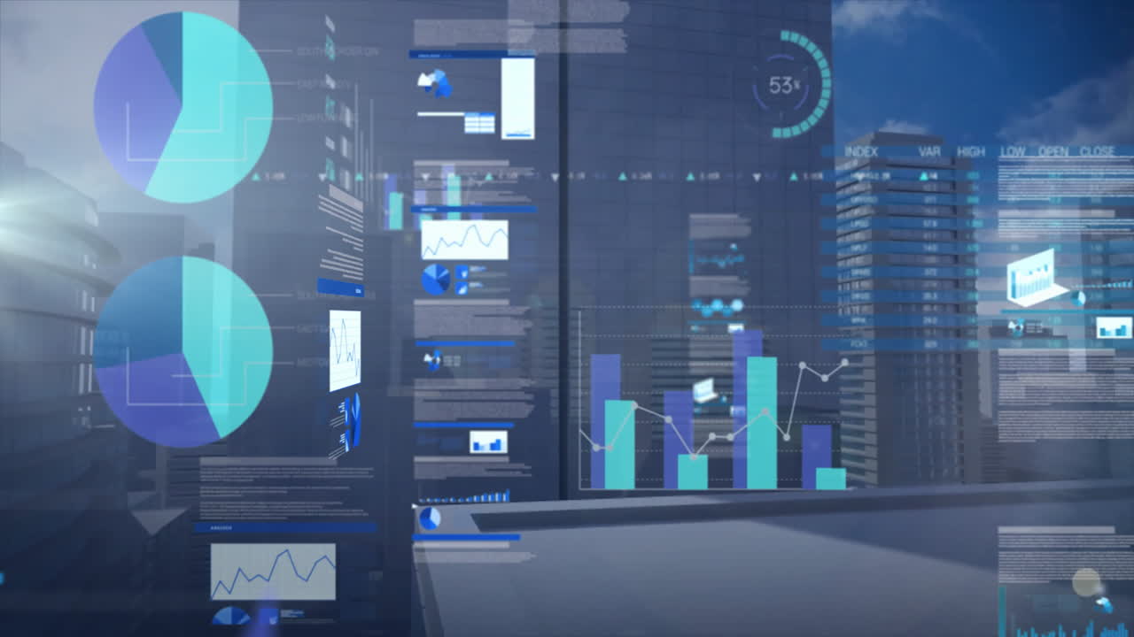 Animation of digital graphs and charts analyzing data over cityscape background