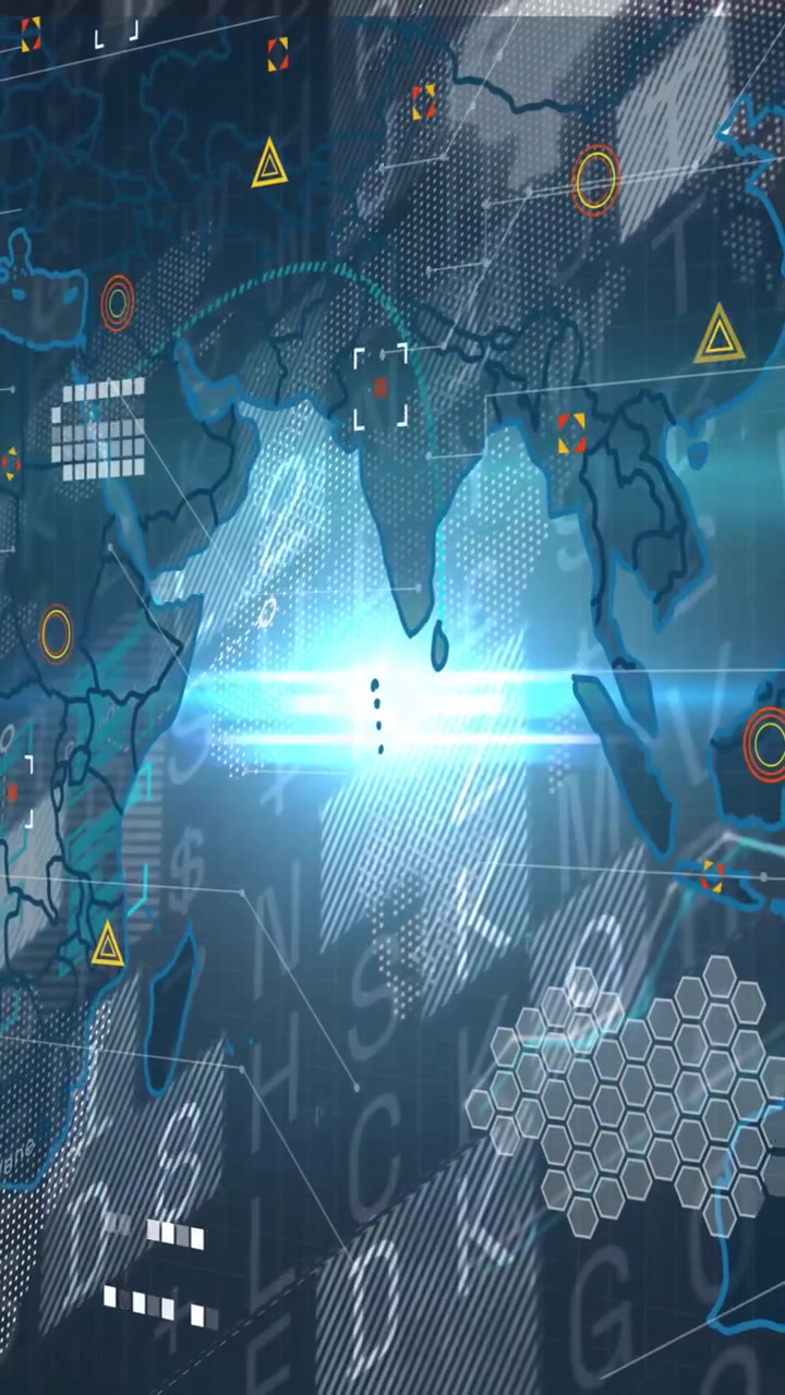 Animation of digital world map showing network connections and data processing