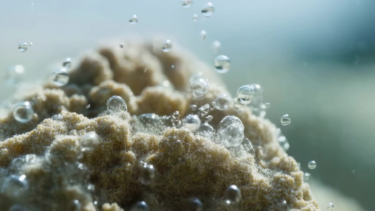 Formazione minerale sabbiosa e ruvida riempie il primo piano sott'acqua mentre piccole bolle salgono attraverso l'acqua blu-verde tenue, creando una texture naturale e calma, profondità delicata e un'atmosfera marina astratta