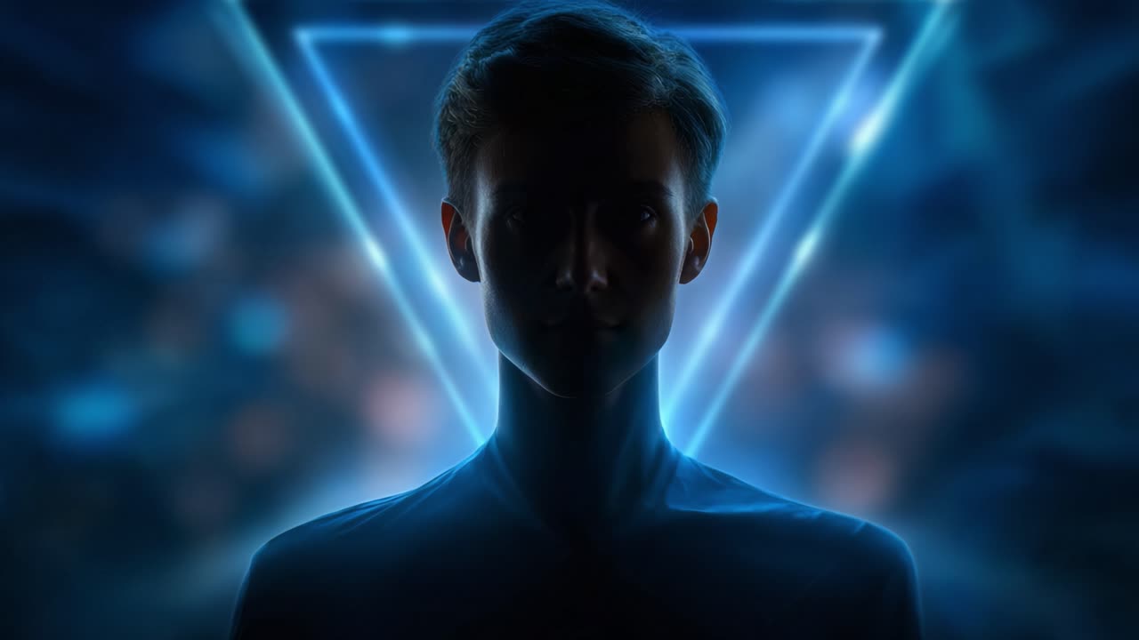 Mysterious silhouette of an individual framed by stunning geometric neon light contrasting the dark background, creating an intriguing atmosphere and visual tension