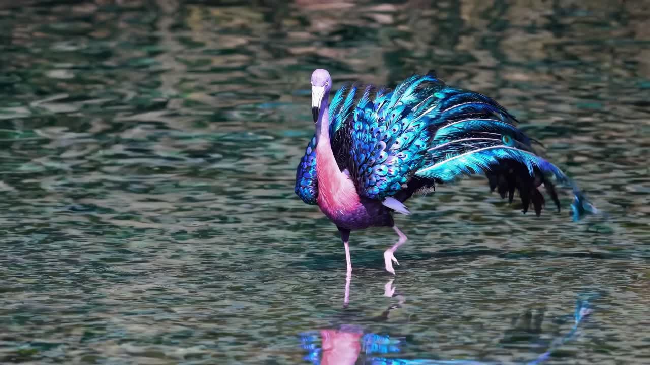 Colorful Flamingo with Peacock Feathers