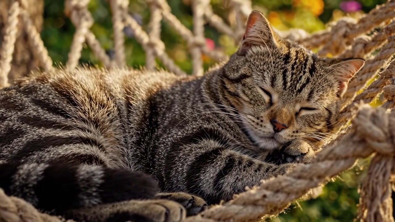 Un gatto rilassato si gode un pisolino tranquillo in un'accogliente amaca circondato da un bellissimo giardino, catturando l'essenza della serenità e del comfort nell'abbraccio della natura.