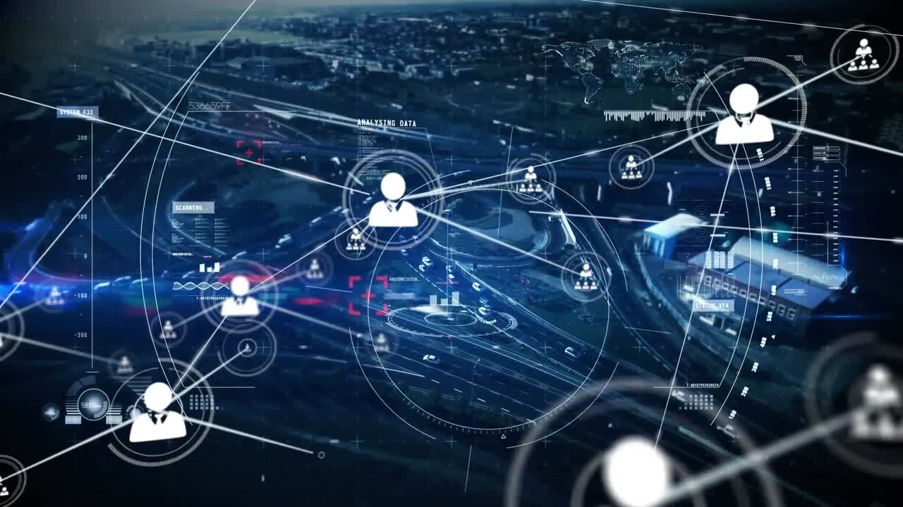 도시 풍경 위의 아이콘으로 연결된 네트워크의 애니메이션