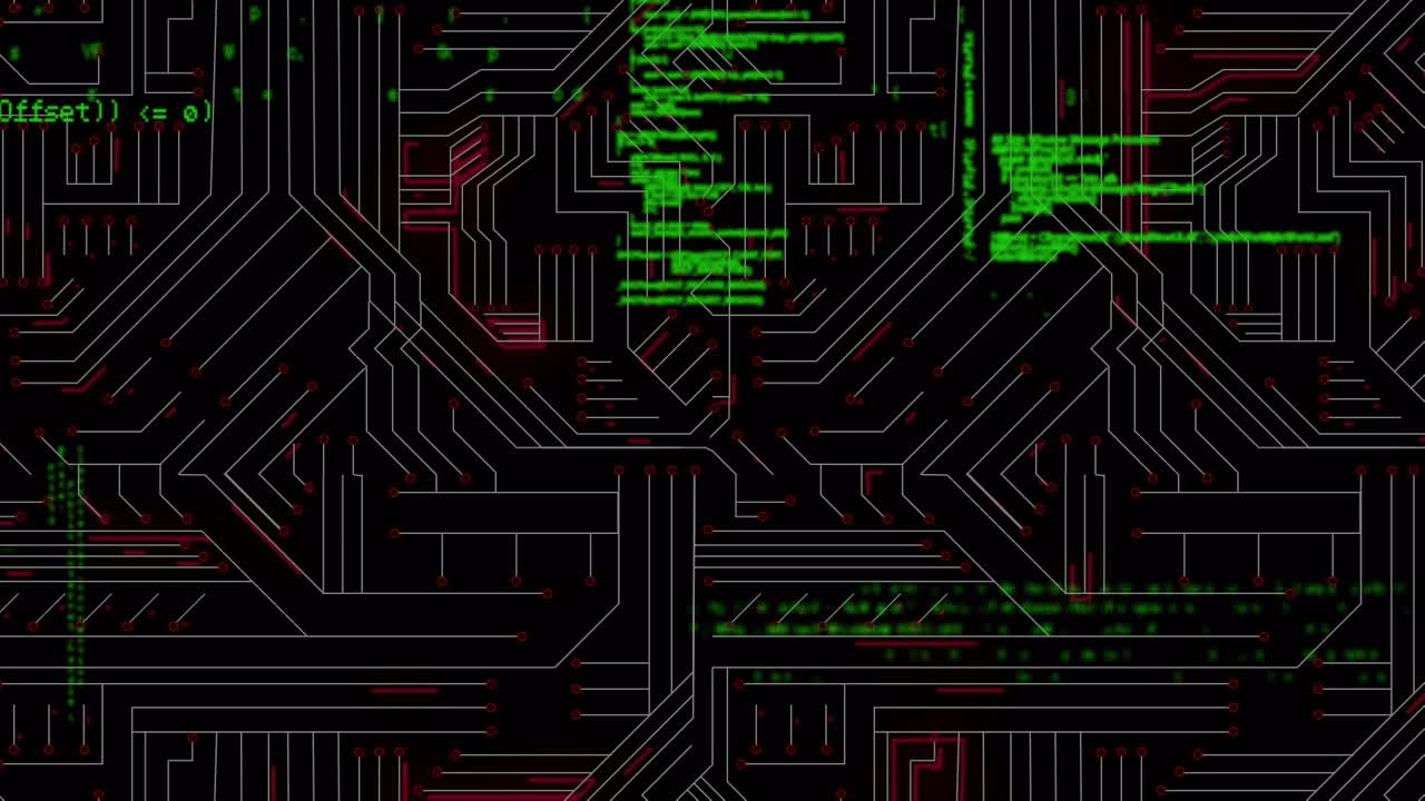 Digital animation of data processing against microprocessor connections on black background