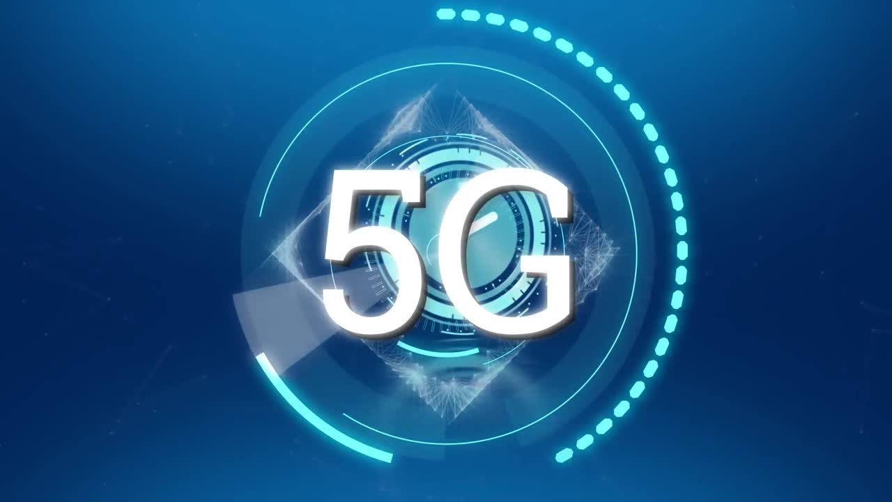 파란색 배경에 스캔되는 5g 텍스트의 애니메이션