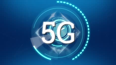 animation of 5g text over scopes scanning on blue background