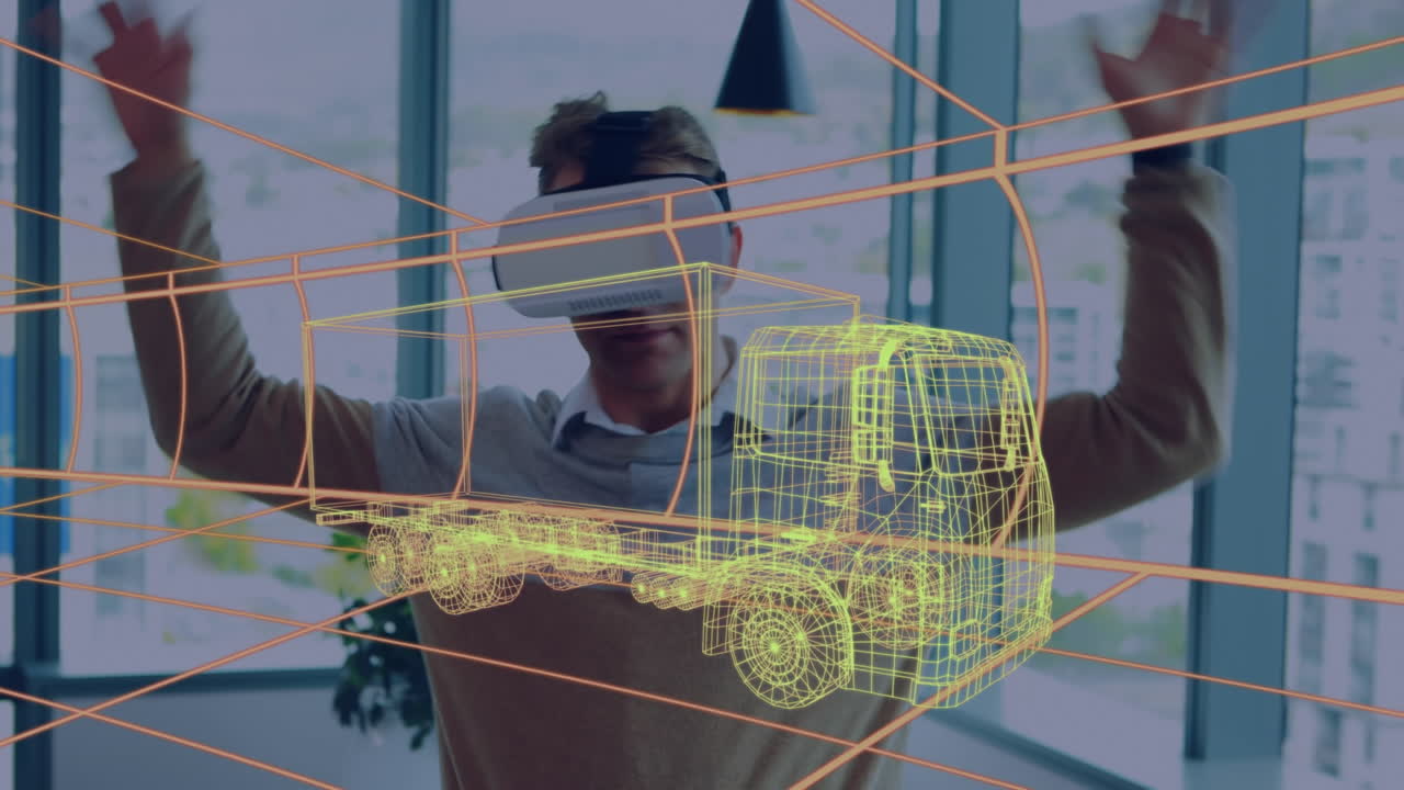 animación de dibujo 3d digital de un coche sobre un hombre usando auriculares vr