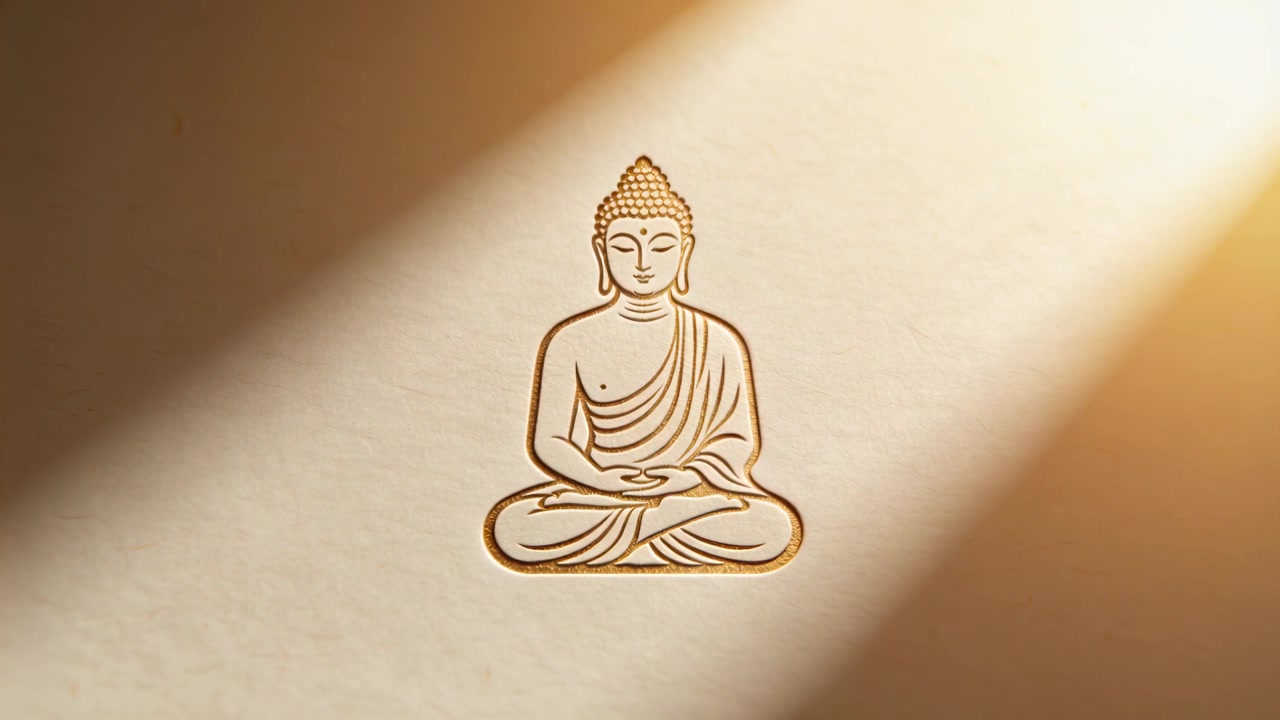 Raggio di sole che passa dall'alto a sinistra e si estende su un Buddha stilizzato su pergamena, con la veste in rilievo che risplende.