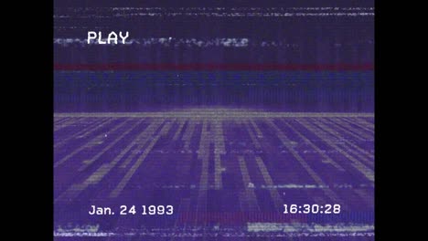 animation of playback interface with lines of distortion, over moving purple floor and waterfall