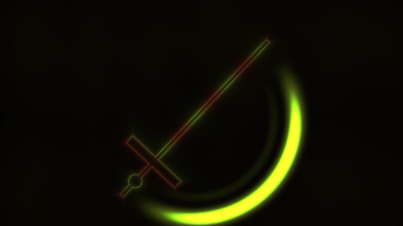 Abstract Neon Sword with Glowing Arc Rotating on Dark Background