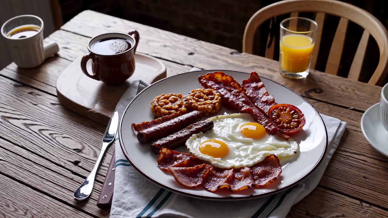 Scena di colazione rustica con uova, bacon e fagioli su un tavolo di legno