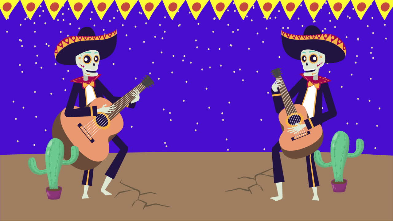 animazione viva messicana con teschi mariachi che suonano la chitarra
