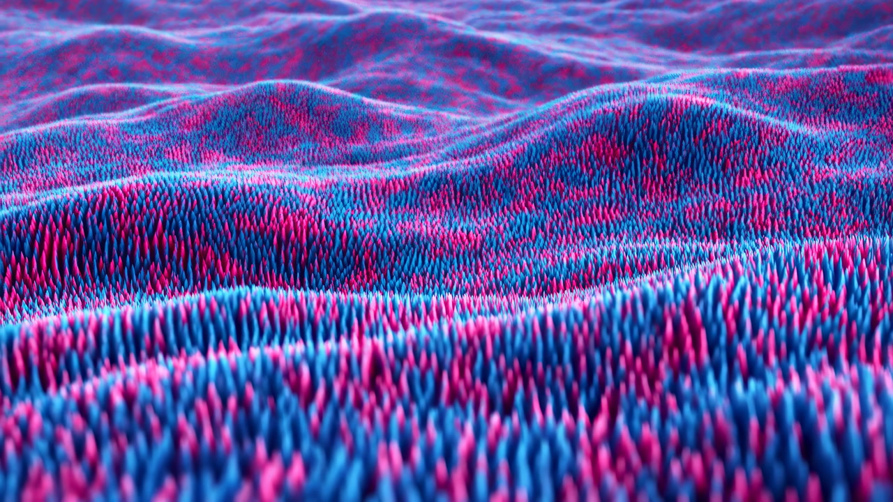 Neon Blue Pink Fiber Landscape Undulating, Closeup Macro View Of Dense Upright Filaments Forming Rolling