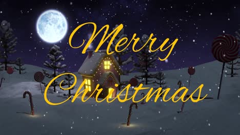 Animation-of-christmas-greetings-text-over-candy-canes,-snow-and-house-in-winter-scenery