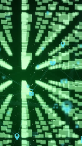 animación de la red de conexión e iconos sobre fondo negro