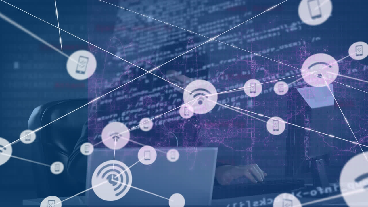 Animation of network of connections with data over male caucasian hacker