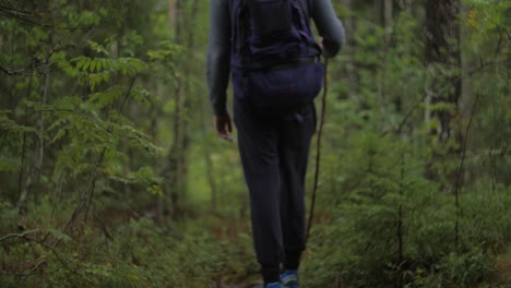 Man-walks-in-a-forest-with-a-stick-and-big-bag,-sport-shoes-with-blue-color-on-a-small-bridge-over-forest-stream-dark-moody-atmosphere-autumn,-swirly-bokeh