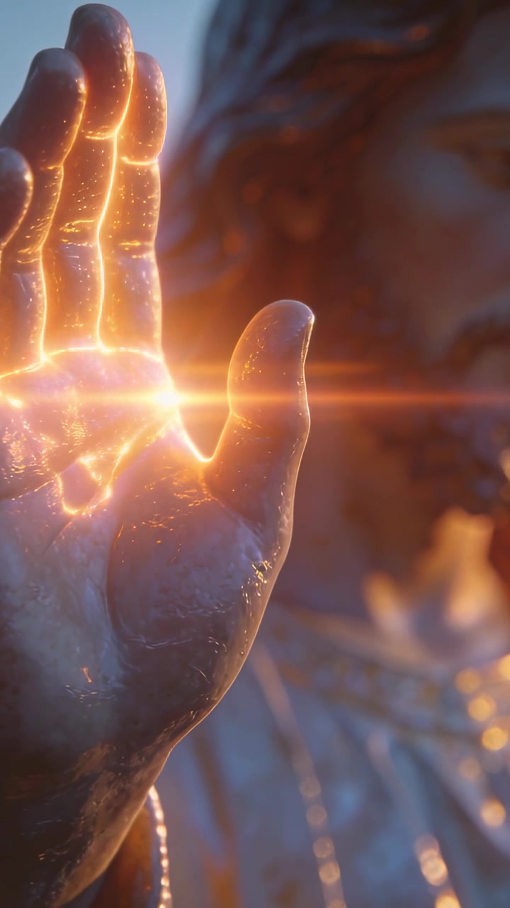 Video verticale: Fascia d'oro scintillante su statua ammantata che tiene una palma, con venature vicine che brillano e un bagliore dell'obiettivo.