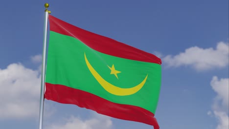 Flagge-Mauretaniens-Bewegt-Sich-Im-Wind-Mit-Einem-Klaren-Blauen-Himmel-Im-Hintergrund,-Wolken-Bewegen-Sich-Langsam,-Fahnenmast,-Zeitlupe