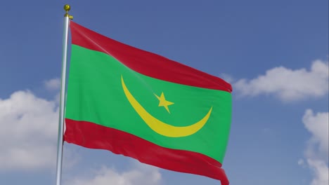 flag of mauritania moving in the wind with a clear blue sky in the background, clouds slowly moving, flagpole, slow motion