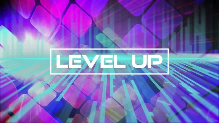 Animazione del testo 'level up' in un rettangolo su barre e quadrati su sfondo astratto