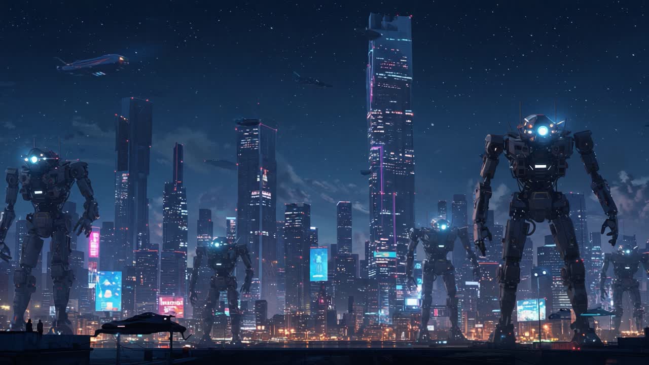 Paesaggio urbano futuristico con robot imponenti tra grattacieli illuminati al neon sotto un cielo stellato, che cattura una visione distopica di tecnologia avanzata e vita urbana