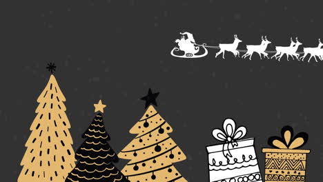 santa claus en trineo siendo tirado por renos contra el árbol de navidad y los iconos de regalos