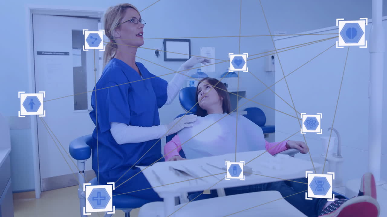 Dentist examining patient, medical icons and network connections animation over scene