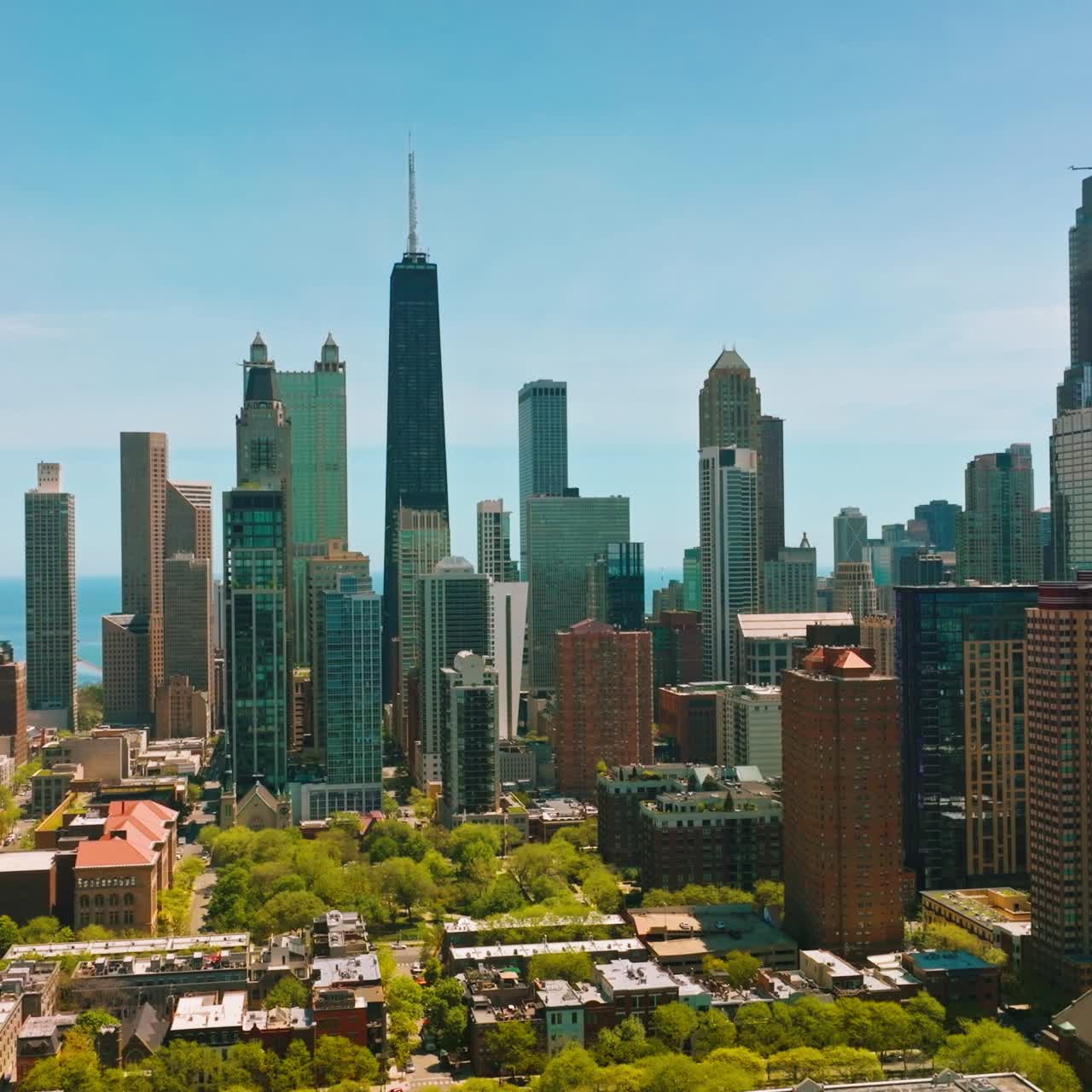 Spectacular skyscrapers of Chicago city. Amazing buildings at the backdrop of blue clear sky on sunny day