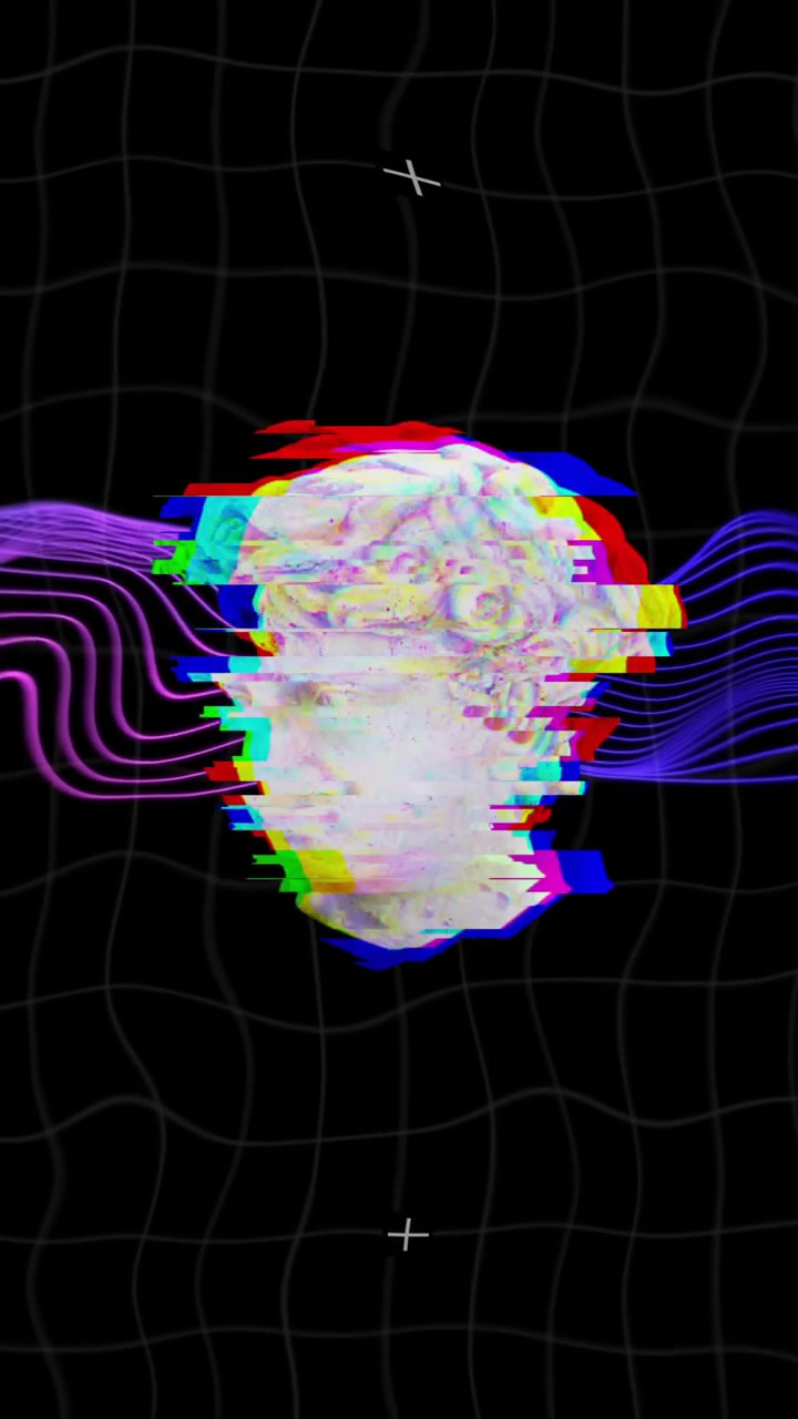 Glitching classical busts and colorful waves over black grid background