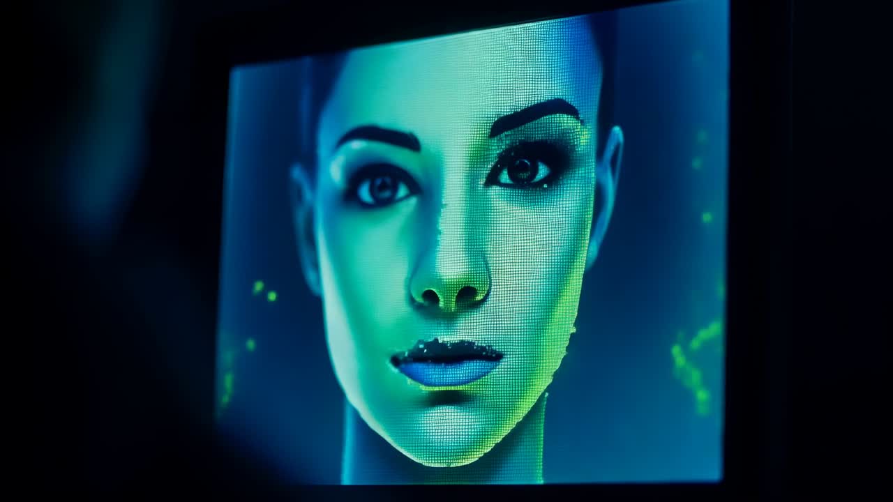 Starting purple streak, face shifting with neon makeup, glitching to blank teal monitor in decay