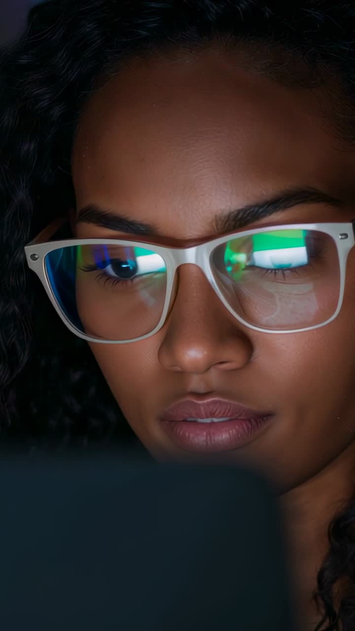 Video verticale: donna che reagisce alla luce dello schermo, concentrata sul tablet a casa, con riflessi negli occhiali