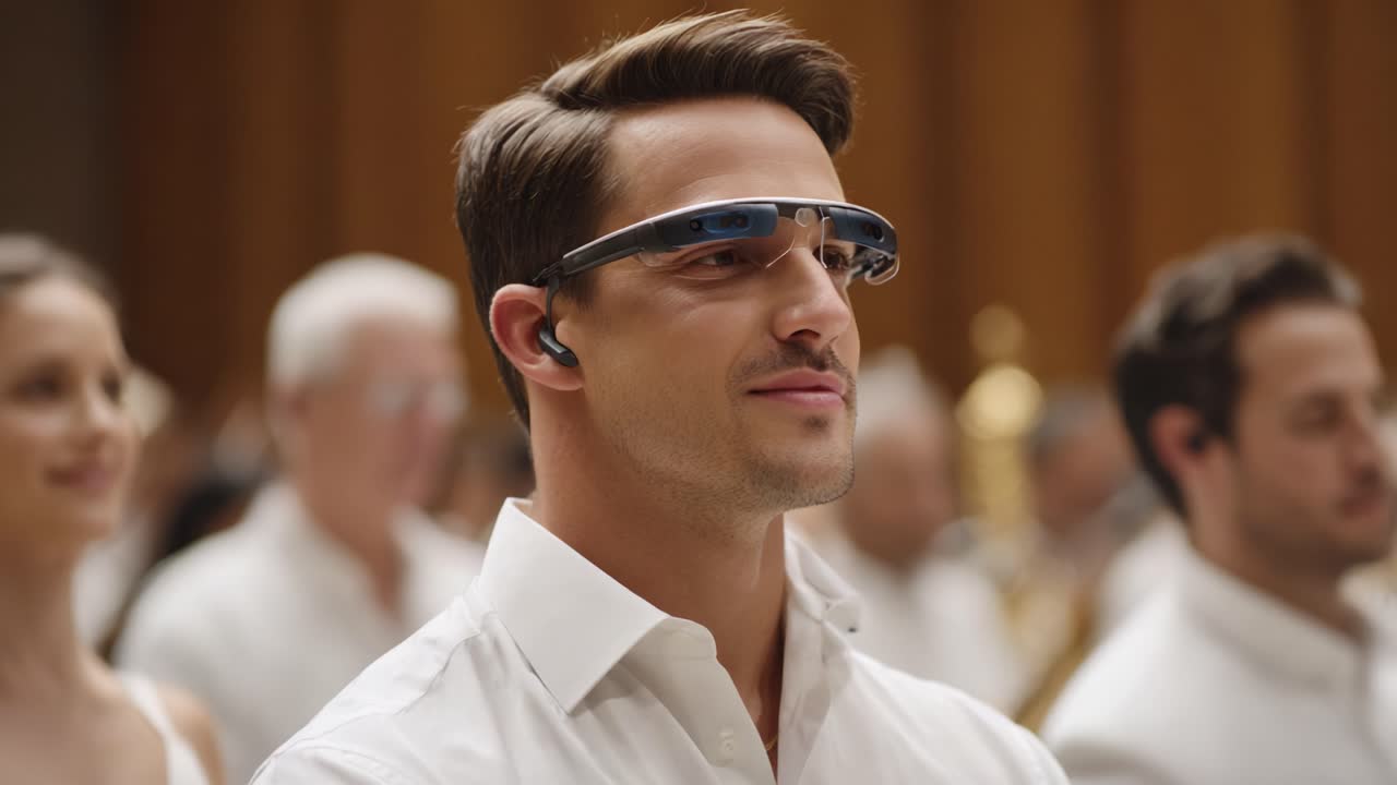 A young man wearing augmented reality glasses attentively observes a performance alongside others in a formal setting, showcasing the integration of technology in modern experiences
