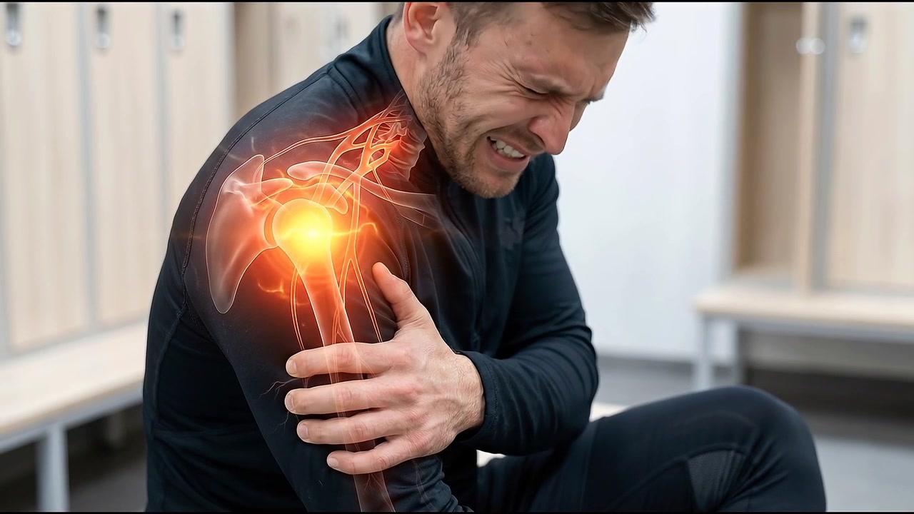 Uomo con dolore alla spalla e sovrapposizione anatomica