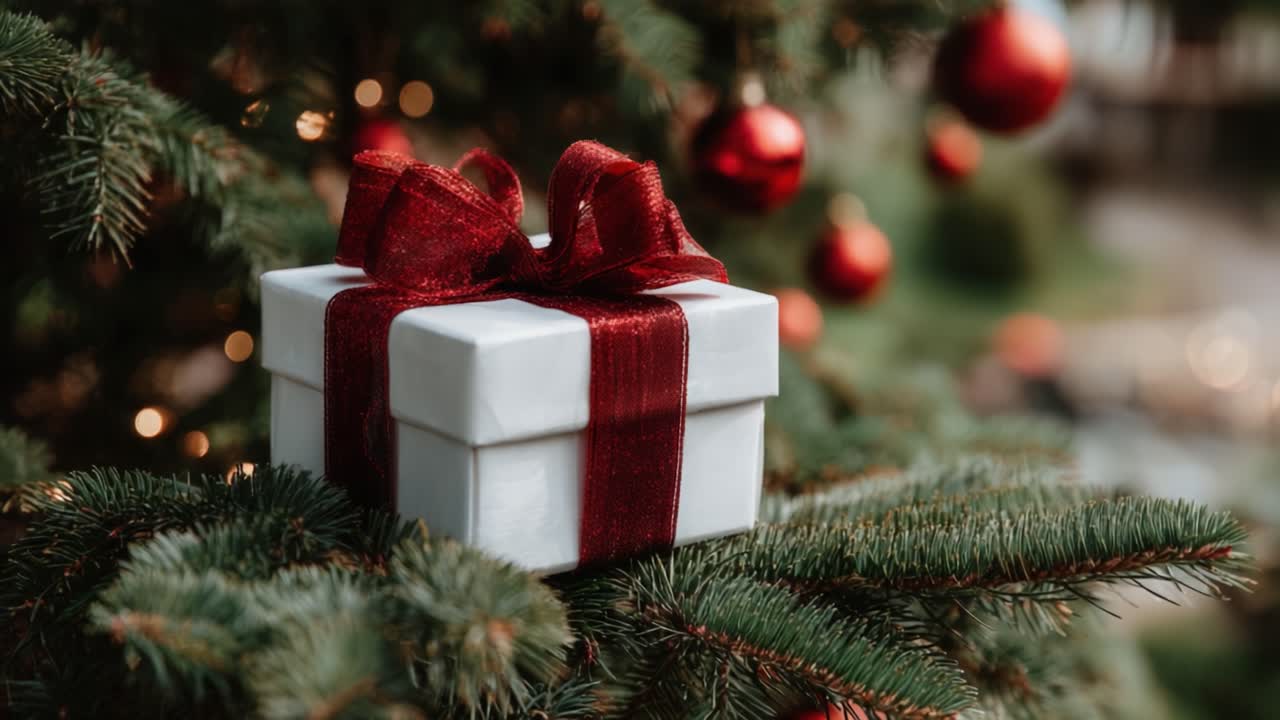 Una confezione regalo splendidamente incartata, immersa tra le decorazioni natalizie su un albero di Natale con ornamenti rossi e rigogliosi aghi di pino verdi