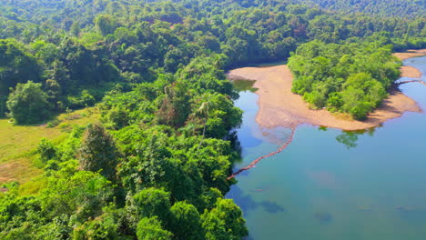 Der-Talpona-Fluss-Fließt-An-Einem-Sonnigen-Tag-Inmitten-Eines-Grünen-Waldes-In-Goa,-Indien,-4K-Drohne