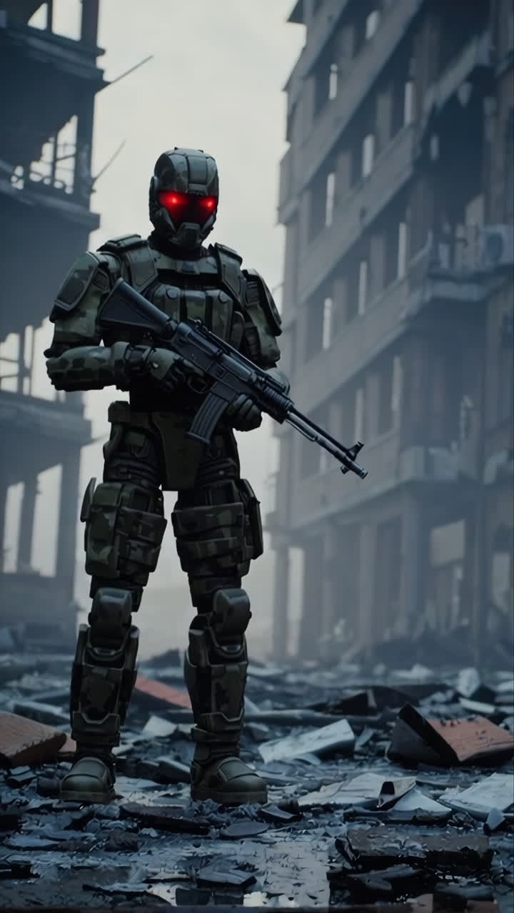 Post-Apocalyptic Robot Soldier in Ruins