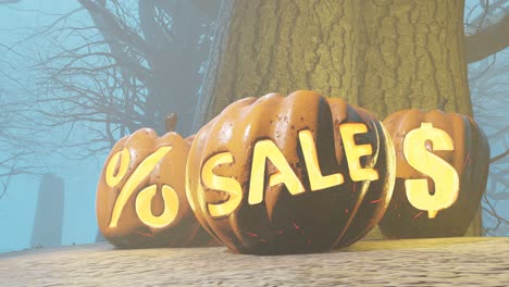 Banner-De-Venta-De-Halloween-Con-Calabazas-De-Miedo-En-El-Bosque-Por-La-Noche