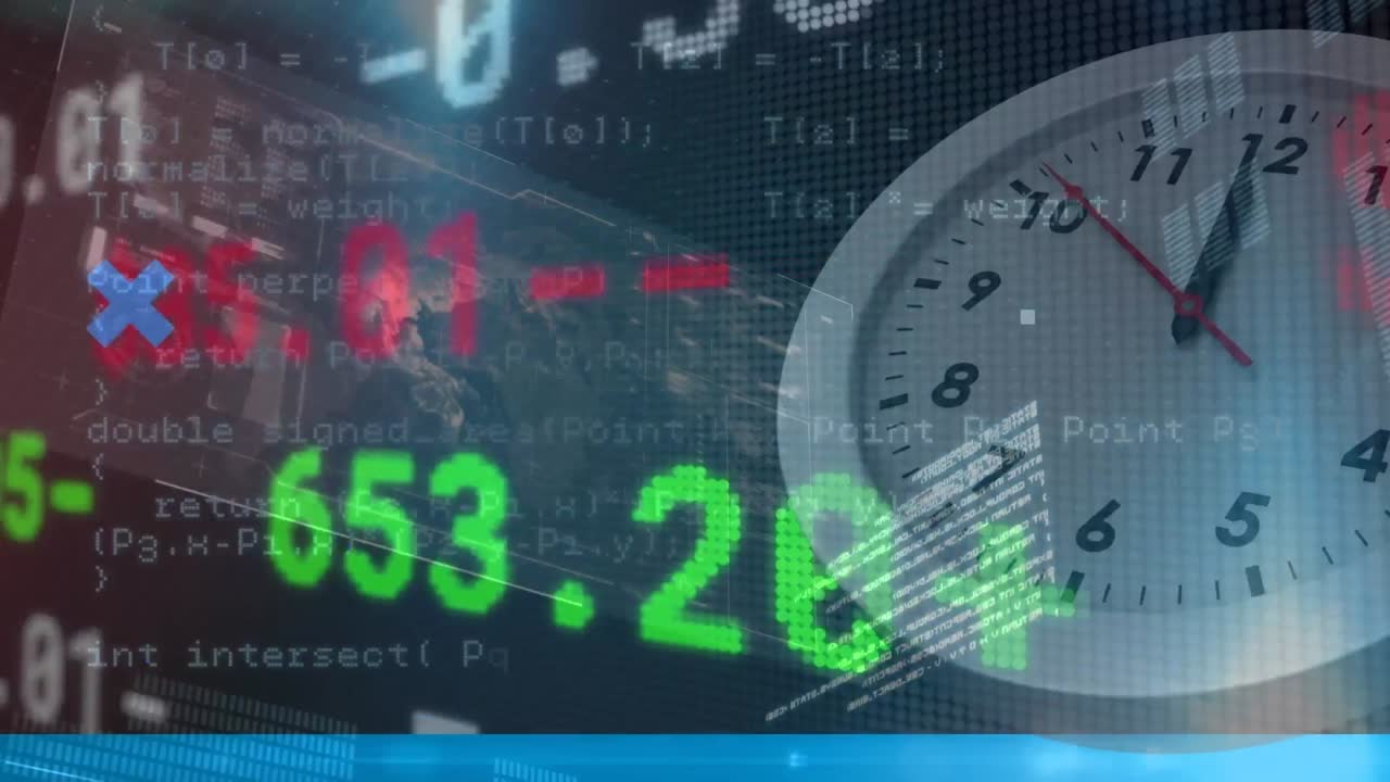 Animazione dell'elaborazione di dati statistici e del mercato azionario su un orologio che ticchetta, su sfondo blu.