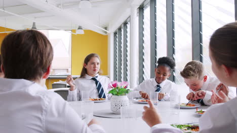 grupo de estudiantes de secundaria vestidos de uniforme sentados alrededor de la mesa y comiendo almuerzo en la cafetería