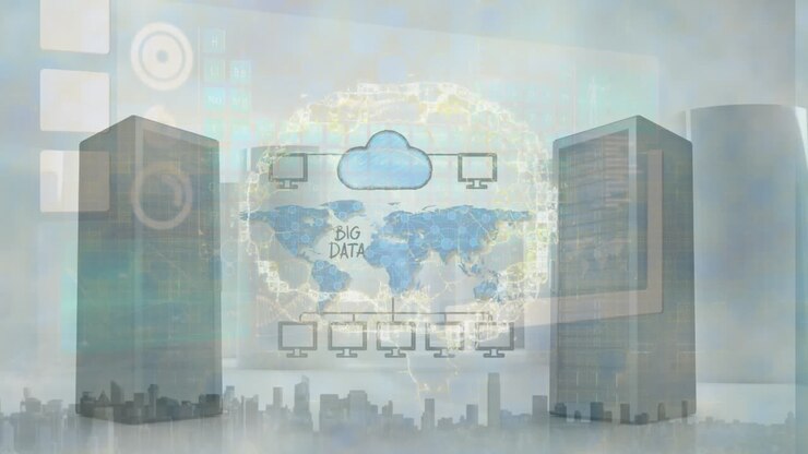 Animation of data processing over brain and cityscape