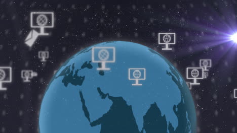 animación de iconos, conexiones y globo con procesamiento de datos.